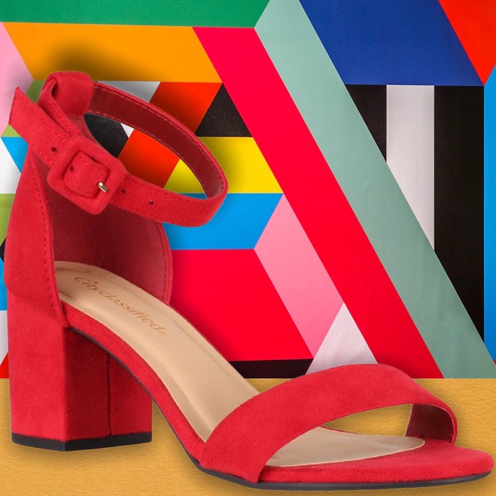 BEST SELLER Cake Bright Red Suede Buckle Chunky Sandal Heel Nu Shuz Key West - Picture 2 of 5